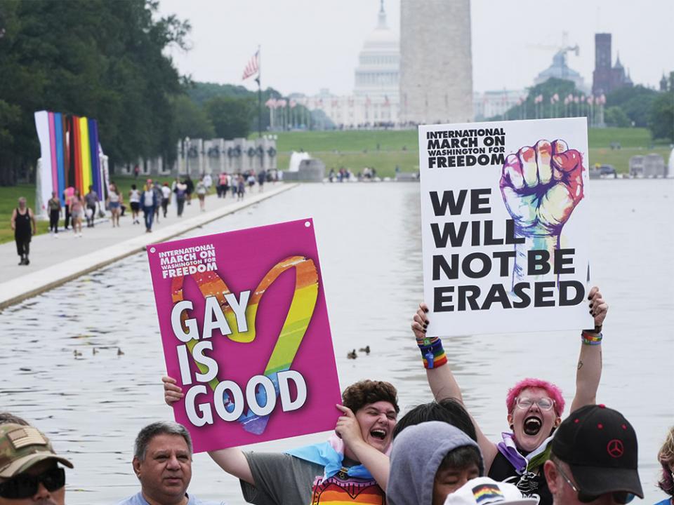 People attend the World Pride Rally and March at the Lincoln Memorial, Sunday, June 8, 2025, on the National Mall in Washington. Photo by Alex Brandon/AP.