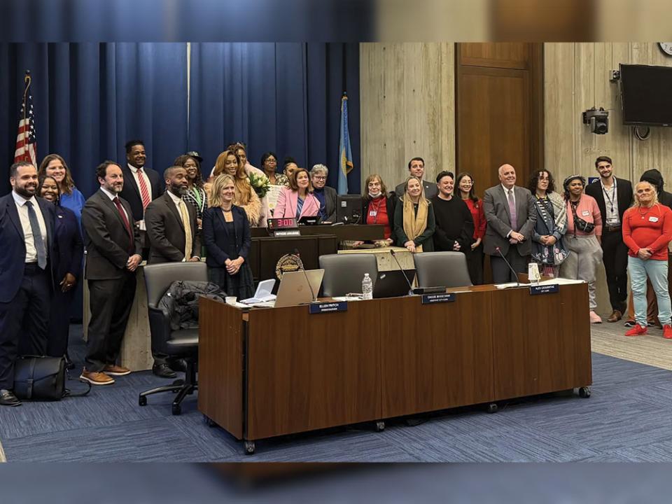 Advocates gathered to commemorate Boston's 26th Transgender Day of Remembrance. Pictured with City Councilors after Wednesday's vote passed, creating a community advisory council to the Mayor's Office of LGBTQIA2S+ Advancement. Photo by Azusa Lippit  GBH News. 