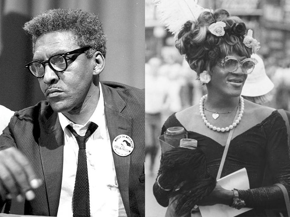 Bayard Rustin, photo via The Library of Congress from Washington, DC, U.S.; and Marsha P. Johnson, photo by Hank O'Neal, via Wikimedia Commons.