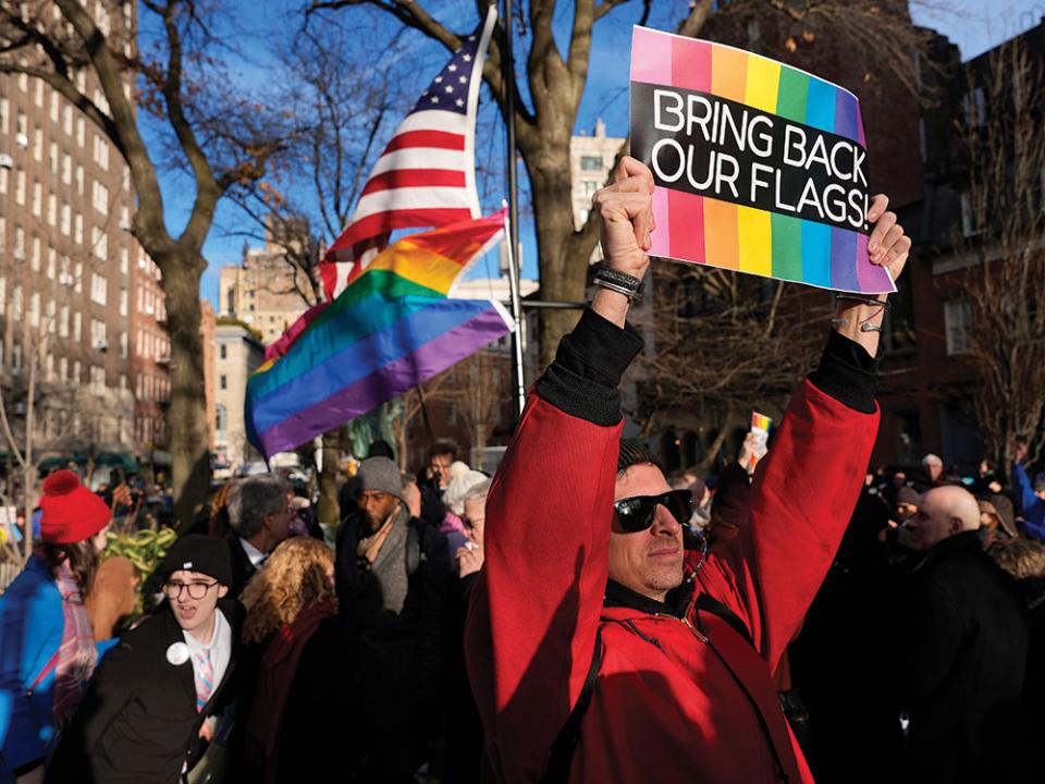 People demonstrate after New York politicians and activists raised a rainbow flag on a pole across the street from the Stonewall Inn, Feb. 12, 2026, in New York. Photo by Yuki Iwamura/AP. 